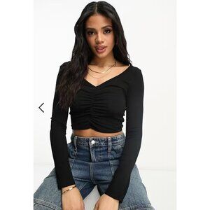 Blue Blush LA Ruched Ribbed Black Crop Top Long Sleeves Womans Small NEW